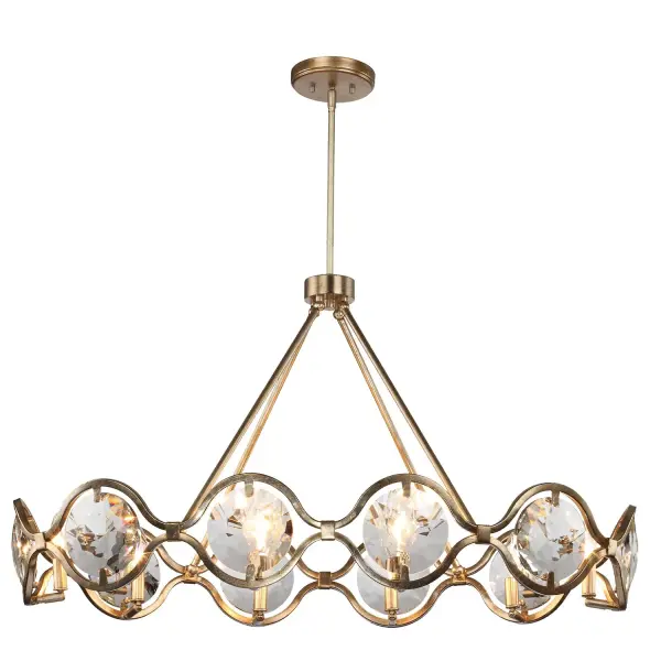 The Quincy 40" Linear Chandelier masterfully blends urban industrial wrought iron with oversized hand-cut optical crystals for a modern chic aesthetic. Its geometric arrangement and substantial 40-inch length make it perfect for dining rooms and kitchen islands. - alternate view