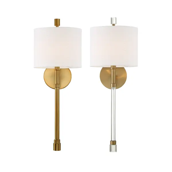 The Rachel 8" Sconce combines simple, tailored design with practical versatility. Its oval white fabric shade creates soft, inviting illumination perfect for intimate spaces. Includes both metal and glass tail options. - alternate view