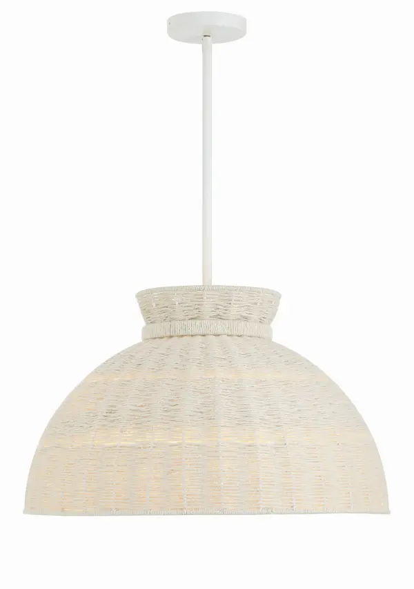 The Reese pendant brings relaxed coastal charm with hand-woven natural bleached jute around a crisp matte white frame. Its 22-inch diameter provides substantial presence without overwhelming, making it ideal for kitchen islands or breakfast nooks.