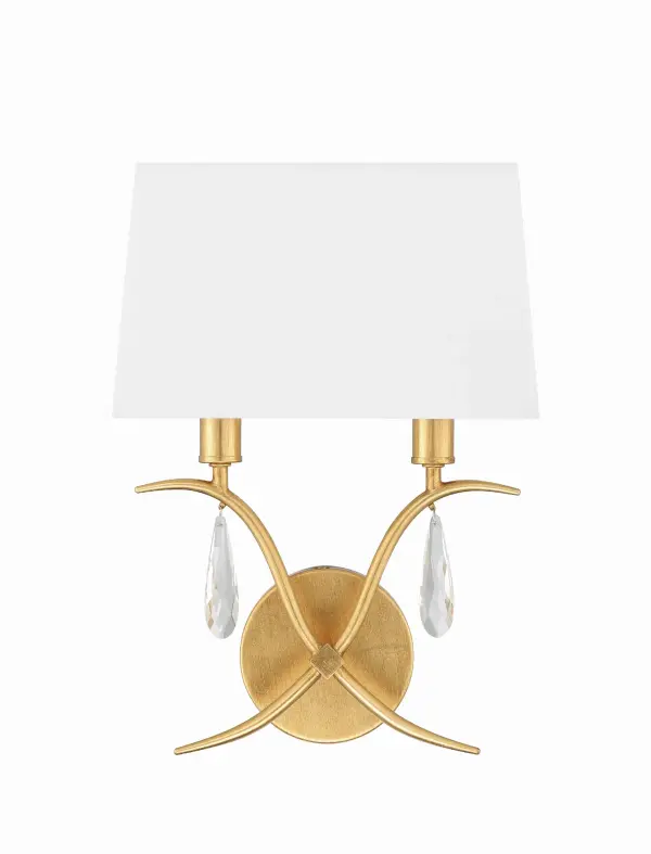 The Rollins sconce combines timeless elegance with versatile design. Hand-cut crystals and swooping metal arms create visual interest, while the tapered fabric shade softens the light. Perfect for traditional or transitional interiors. - alternate view