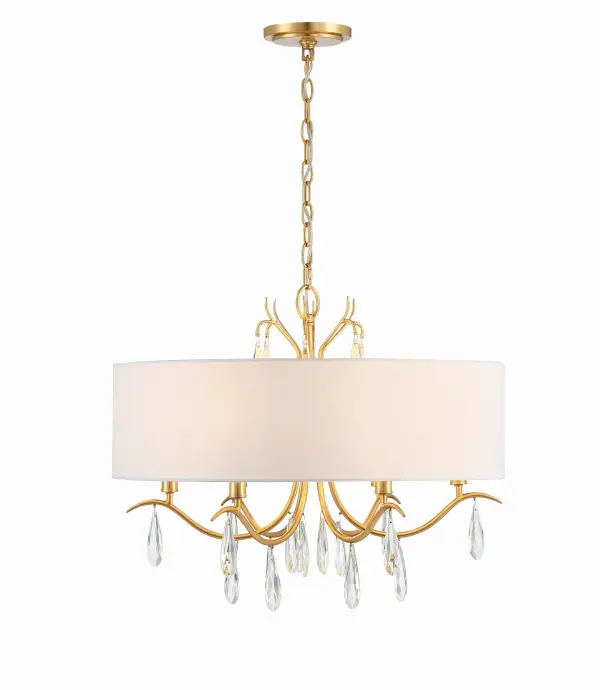 The Rollins chandelier combines timeless elegance with versatile design. Its white fabric drum shade and antique gold finish create sophisticated ambiance, while crystal drops add sparkle and luxury to any space.