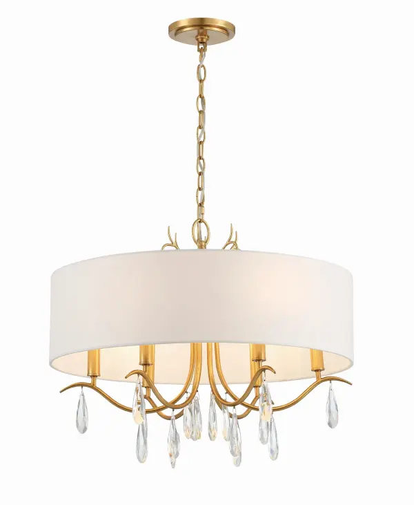 The Rollins chandelier combines timeless elegance with versatile design. Its white fabric drum shade and antique gold finish create sophisticated ambiance, while crystal drops add sparkle and luxury to any space. - alternate view