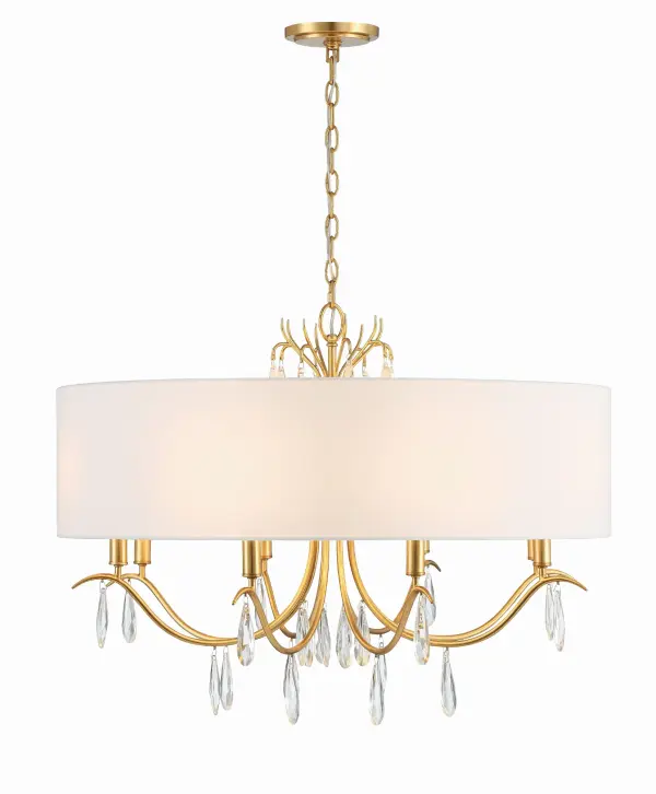 The Rollins 32" chandelier combines timeless elegance with versatile design. Its large white fabric drum shade and antique gold finish create sophisticated ambiance, while crystal drops add luxurious sparkle.