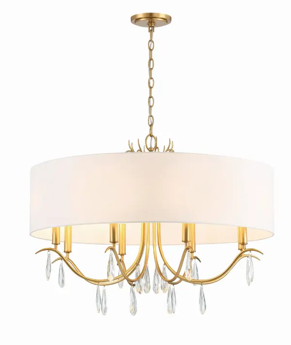 The Rollins 32" chandelier combines timeless elegance with versatile design. Its large white fabric drum shade and antique gold finish create sophisticated ambiance, while crystal drops add luxurious sparkle. - alternate view