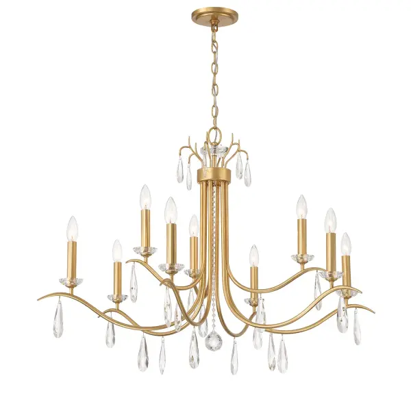 The Rollins chandelier offers timeless elegance with its Antique Gold finish and elongated crystal drops. The shadeless design reveals sweeping organic metal arms, creating an open, airy aesthetic that bridges traditional and modern styles.