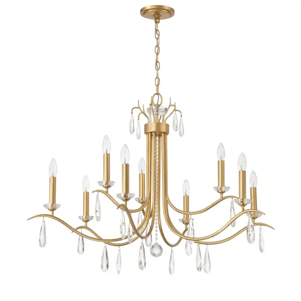 The Rollins chandelier offers timeless elegance with its Antique Gold finish and elongated crystal drops. The shadeless design reveals sweeping organic metal arms, creating an open, airy aesthetic that bridges traditional and modern styles. - alternate view