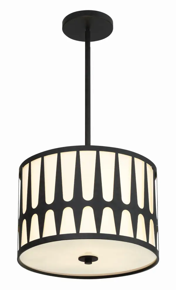 The Royston pendant beautifully blends casual farmhouse charm with contemporary design through its distinctive metal pattern overlay. The white fabric shade and glass diffuser create soft, inviting illumination perfect for intimate spaces. - alternate view