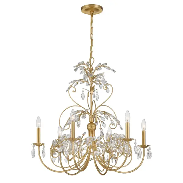 The Sadie chandelier brings historic European opulence to modern interiors with its multi-tiered design, cascading crystal drops, and intricate metalwork. Antique gold finish and organic scrollwork create a refined focal point.