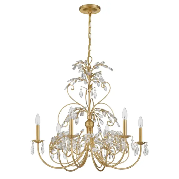 The Sadie chandelier brings historic European opulence to modern interiors with its multi-tiered design, cascading crystal drops, and intricate metalwork. Antique gold finish and organic scrollwork create a refined focal point. - alternate view