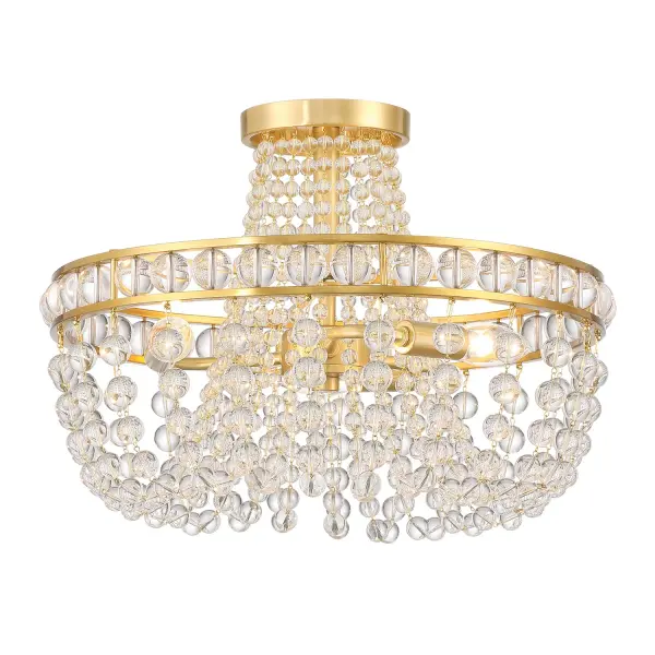 The Seville Semi Flush Mount reimagines early American lighting with cascading glass spheres and a circular brass framework. Its 16.5" profile delivers sophisticated style perfect for medium-sized spaces with standard ceilings.