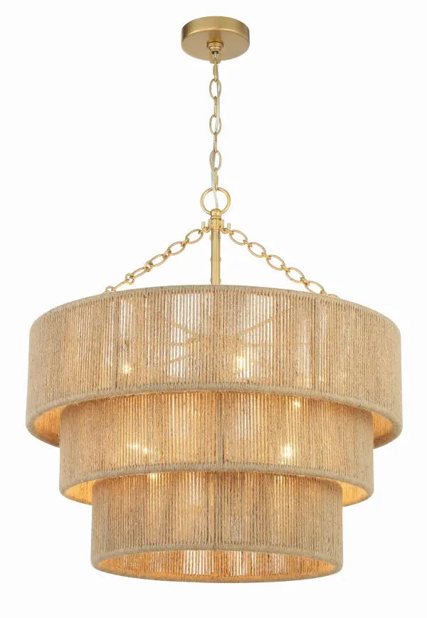 The Shyla Chandelier brings relaxed sophistication to any space with its tiered jute construction and soft gold chain detailing. Perfect for creating a warm, inviting atmosphere in coastal, transitional, or organic modern interiors.