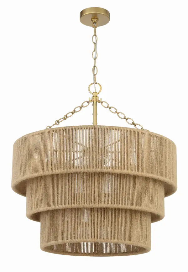 The Shyla Chandelier brings relaxed sophistication to any space with its tiered jute construction and soft gold chain detailing. Perfect for creating a warm, inviting atmosphere in coastal, transitional, or organic modern interiors. - alternate view