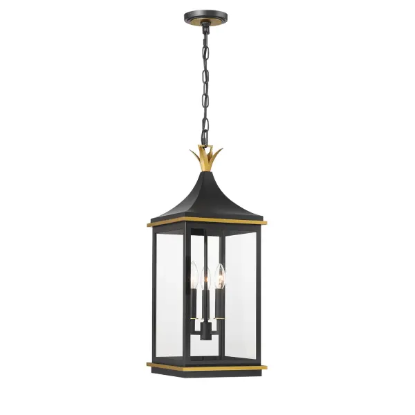 The Simpson Outdoor Pendant combines traditional lantern design with contemporary farmhouse aesthetics. Its elongated rectangular frame, elegant glass panels, and customizable top options make it versatile for various outdoor settings.