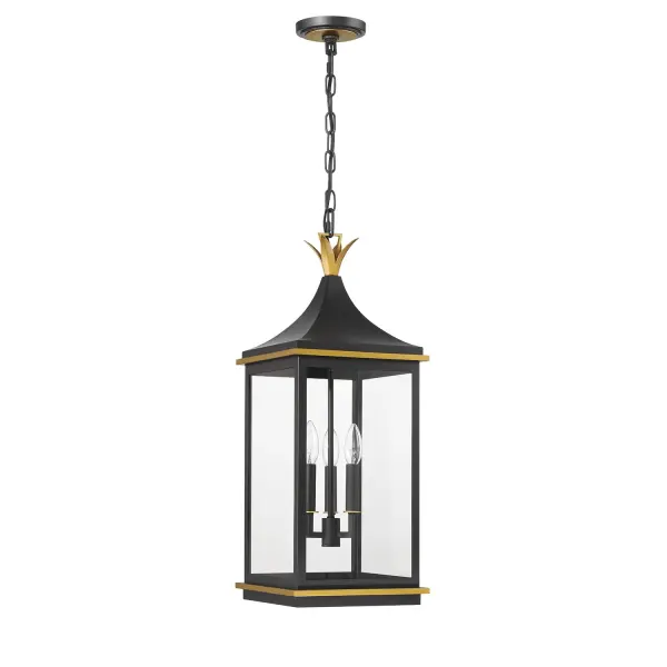 The Simpson Outdoor Pendant combines traditional lantern design with contemporary farmhouse aesthetics. Its elongated rectangular frame, elegant glass panels, and customizable top options make it versatile for various outdoor settings. - alternate view