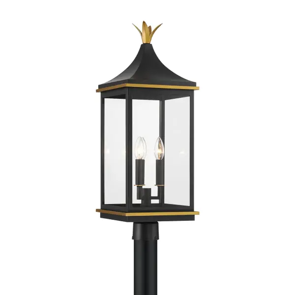 The Simpson Outdoor Post Light combines traditional lantern design with contemporary farmhouse styling. Its 10-inch elongated rectangular frame features elegant glass panels and a customizable top for versatile outdoor aesthetics.