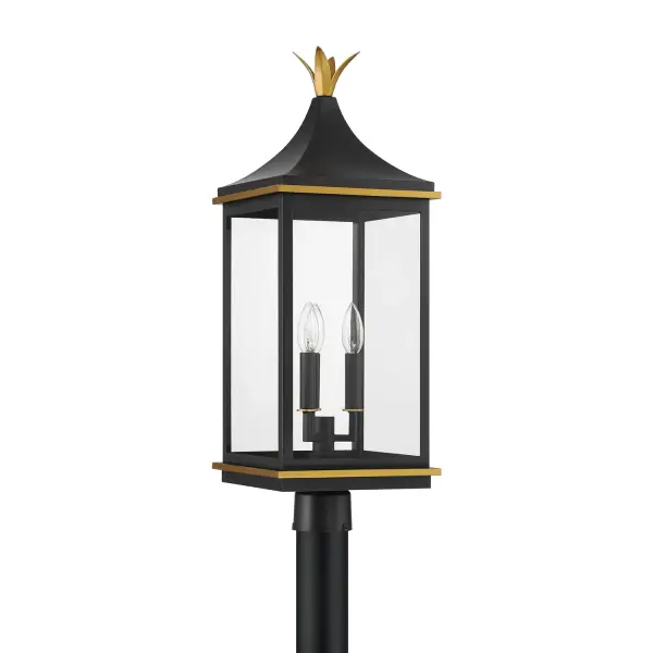 The Simpson Outdoor Post Light combines traditional lantern design with contemporary farmhouse styling. Its 10-inch elongated rectangular frame features elegant glass panels and a customizable top for versatile outdoor aesthetics. - alternate view