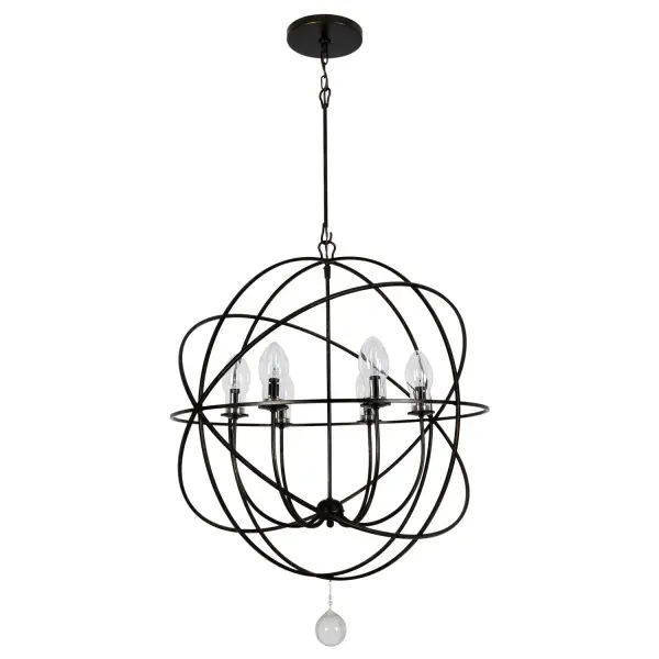 The Solaris Outdoor Chandelier combines sculptural sphere-shaped wrought cage with sleek minimalist arms, creating a statement piece that transitions seamlessly from rustic to modern aesthetics. Wet-rated for true outdoor durability. - alternate view