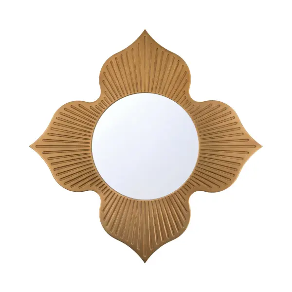 The Tullos 48" Mirror combines mid-century elegance with artisanal craftsmanship through its distinctive four-petal floral motif and inlaid detailing. The burnished brass finish adds warmth and sophistication to any space.