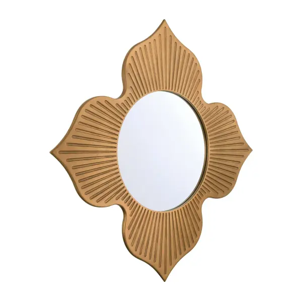 The Tullos 48" Mirror combines mid-century elegance with artisanal craftsmanship through its distinctive four-petal floral motif and inlaid detailing. The burnished brass finish adds warmth and sophistication to any space. - alternate view