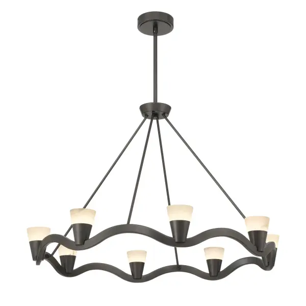 The Vance chandelier combines contemporary design with natural materials, featuring sculptural lines and genuine alabaster stone shades. Its 39-inch linear profile and integrated LED technology make it ideal for modern dining rooms and kitchen islands.