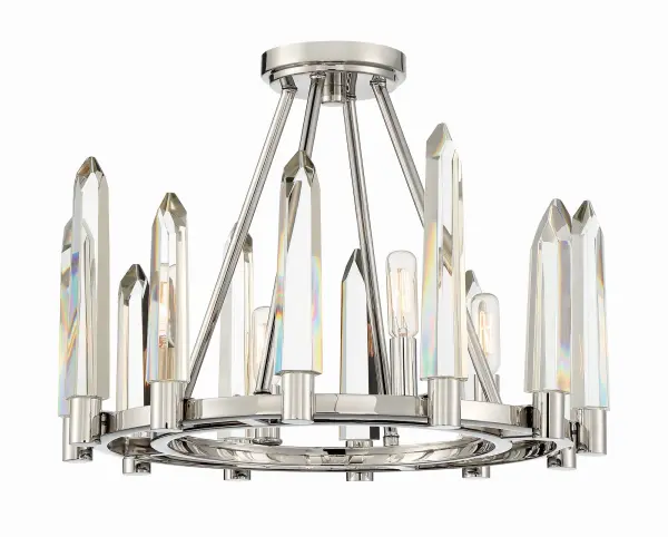 The Watson semi flush mount delivers dramatic visual impact through hand-cut crystal icicles with sharp, tailored angles. Its polished nickel finish enhances the contemporary aesthetic, making it an ideal centerpiece for modern interiors.