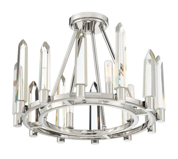 The Watson semi flush mount delivers dramatic visual impact through hand-cut crystal icicles with sharp, tailored angles. Its polished nickel finish enhances the contemporary aesthetic, making it an ideal centerpiece for modern interiors. - alternate view