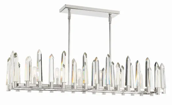The Watson 42" Linear Chandelier makes a dramatic statement with hand-cut crystal icicles and polished nickel finish. Its contemporary design brings sophisticated glamour to dining rooms and kitchen islands.