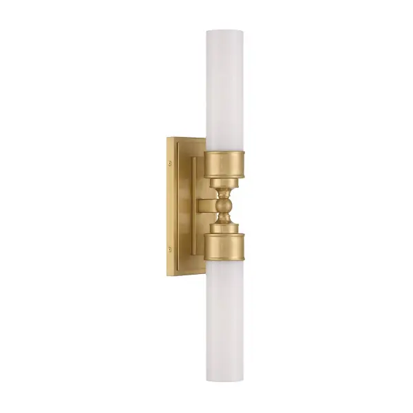 The Wilcox LED Sconce combines clean cylindrical glass with sophisticated stepped detailing in warm Aged Brass. Damp-rated for bathroom use, this compact 4.75" fixture delivers modern elegance with energy-efficient LED technology. - alternate view