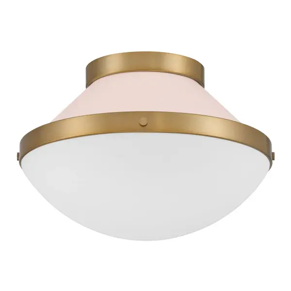 The Xander flush mount brings whimsical mid-century style with clean lines, vibrant gold accents, and soft blush glass. Perfect for adding personality to bedrooms, bathrooms, and hallways without sacrificing ceiling height. - alternate view
