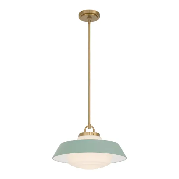 The Xander pendant brings mid-century charm with clean lines, white opal glass, and vibrant gold accents. Its 16" size and green glass detail add a fun pop of color, making it perfect for kitchens, dining areas, and offices.
