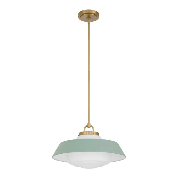 The Xander pendant brings mid-century charm with clean lines, white opal glass, and vibrant gold accents. Its 16" size and green glass detail add a fun pop of color, making it perfect for kitchens, dining areas, and offices. - alternate view
