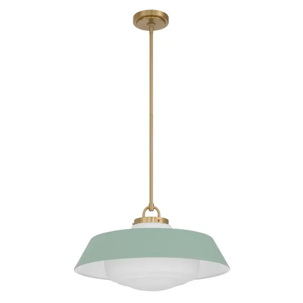 The Xander pendant brings mid-century charm with its vibrant gold finish and distinctive green opal glass shade. At 20" wide, it makes a statement while maintaining versatility across casual and transitional spaces. - alternate view