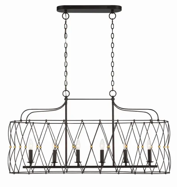 The Zucca Linear Chandelier brings sophisticated bohemian style with its distinctive woven metal wire frame. The English Bronze finish with Antique Gold accents creates visual warmth while the 42.5-inch linear profile makes it perfect for dining tables and kitchen islands.