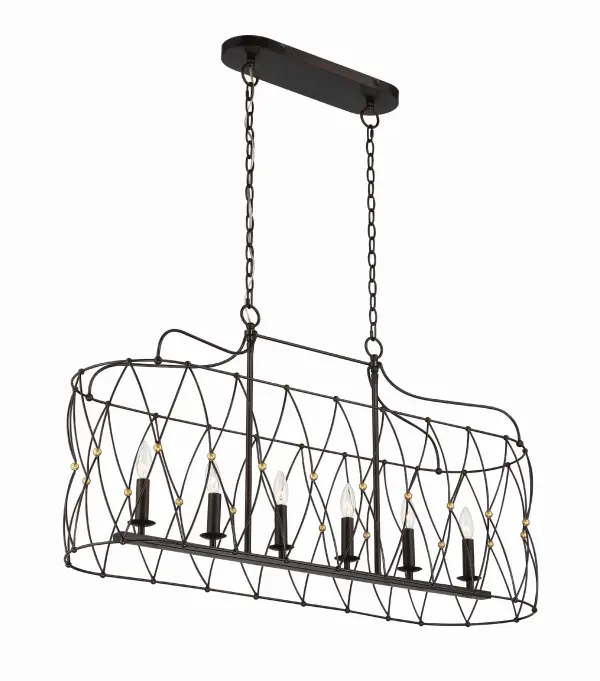 The Zucca Linear Chandelier brings sophisticated bohemian style with its distinctive woven metal wire frame. The English Bronze finish with Antique Gold accents creates visual warmth while the 42.5-inch linear profile makes it perfect for dining tables and kitchen islands. - alternate view