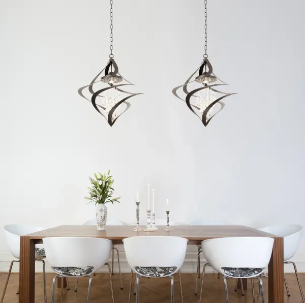 The Oxford Collection was inspired by hanging, spiral wind spinners often hung from trees or eaves. The shapes are hand-forged to look as if they are actually swirling in the wind as you move around them. Available in three of Kalco's exclusive finishes, this collection is designed so it can be used with ecofriendly, energy saving LED PAR Lamps (actual lamps not included.) This whimsically sophisticated collection will be sure to make a statement. Collection: Oxford Rooms: Foyer, Great Room, Living Room, Bedroom Finish: Old Bronze Width: 23.50" Height: 24.00" Weight: 13.00 lb Wire: 96" Canopy: 5"x1.2" Bulbs Included Number of Bulbs: 1 Maximum Wattage: 50.00 W Bulb Base: GU10 Dimmable Voltage: 120.00 V Material: Hand Crafted Steel , Crystal Country of Origin: China Safety Listing: cETL Safety Rating: Dry - alternate view