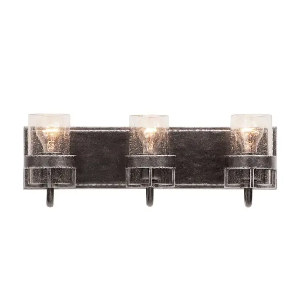 The Bexley Collection showcases the simplicity and grace of industrial materials. While Kalco's exclusive Vintage Iron finish and Clear Seeded Glass shades look as if they was repurposed from a factory, they exist in a way that is uniquely elegant and only adds to the attractive quality of these pieces. Collection: Bexley Rooms: Bathroom, Vanity, Spa, Powder Room Finish: Vintage Iron Width: 20.00" Height: 7.00" Weight: 10.00 lb Extension from Wall: 5.50" Wire: 6" Mounting Height: 3.50" Canopy: 20"x5"x0.75" Number of Bulbs: 3 Maximum Wattage: 100.00 W Bulb Base: E26 Medium Dimmable Voltage: 120.00 V Material: Hand Forged Wrought Iron , Glass , Fabric Country of Origin: Phillipines Safety Listing: cETL Safety Rating: Dry