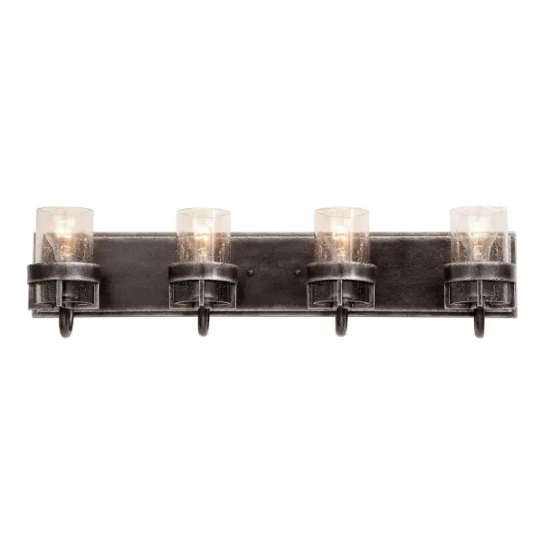 The Bexley Collection showcases the simplicity and grace of industrial materials. While Kalco's exclusive Vintage Iron finish and Clear Seeded Glass shades look as if they was repurposed from a factory, they exist in a way that is uniquely elegant and only adds to the attractive quality of these pieces. Collection: Bexley Rooms: Bathroom, Vanity, Spa, Powder Room Finish: Vintage Iron Width: 28.00" Height: 7.00" Weight: 14.00 lb Extension from Wall: 5.50" Wire: 6" Mounting Height: 3.50" Canopy: 28"x5"x0.75" Number of Bulbs: 4 Maximum Wattage: 100.00 W Bulb Base: E26 Medium Dimmable Voltage: 120.00 V Material: Hand Forged Wrought Iron , Glass , Fabric Country of Origin: Phillipines Safety Listing: cETL Safety Rating: Dry