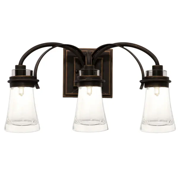 In the Dover Collection, the rectilinear forms of a typical Arts and Crafts Style wall bracket join perfectly with the organic curves of the Art Nouveau lighting arms. Combining this union of styles with Kalco's exclusive Antique Copper finish and hand-blown, clear glass shades creates a series of light fixtures that are simple yet make a statement. Collection: Dover Rooms: Bathroom, Vanity, Spa, Powder Room Finish: Antique Copper Width: 20.00" Height: 10.50" Weight: 12.00 lb Extension from Wall: 7.00" Wire: 6" Mounting Height: 3.25" Canopy: 6"x6"x1.25" Bulbs Included Number of Bulbs: 3 Maximum Wattage: 3.00 W Bulb Base: G9 Light Source: LED Light Output: 900.00 lm Color Temperature: 3000 K Dimmable Voltage: 120.00 V Material: Steel , Hand Blown Glass Country of Origin: Phillipines Safety Listing: cETL Safety Rating: Dry LED