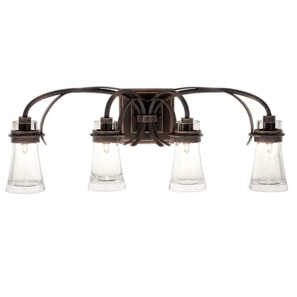 In the Dover Collection, the rectilinear forms of a typical Arts and Crafts Style wall bracket join perfectly with the organic curves of the Art Nouveau lighting arms. Combining this union of styles with Kalco's exclusive Antique Copper finish and hand-blown, clear glass shades creates a series of light fixtures that are simple yet make a statement. Collection: Dover Rooms: Bathroom, Vanity, Spa, Powder Room Finish: Antique Copper Width: 30.00" Height: 10.50" Weight: 16.00 lb Extension from Wall: 7.00" Wire: 6" Mounting Height: 3.25" Canopy: 6"x6"x1.25" Bulbs Included Number of Bulbs: 4 Maximum Wattage: 3.00 W Bulb Base: G9 Light Source: LED Light Output: 1200.00 lm Color Temperature: 3000 K Dimmable Voltage: 120.00 V Material: Steel , Hand Blown Glass Country of Origin: Phillipines Safety Listing: cETL Safety Rating: Dry LED