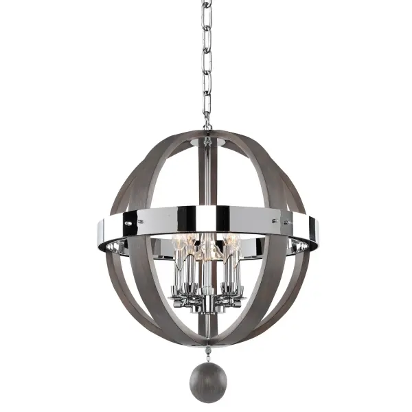 Create an enchanting atmosphere in your living space with the classic beauty of the Sharlow. Clean lines, a trim of polished chrome and a graceful wave of ash wood make this fixture stand out among its contemporaries. The polished chrome set against the subtle ash wood gives it a fresh appearance. The definitive fixture channels the best of both classic and modern styles with its sleek design. Add visual beauty while adding soft light for a relaxed atmosphere in any room. Collection: Sharlow Rooms: Kitchen, Dining, Great Room, Foyer Finish: Chrome Width: 19.00" Height: 28.00" Weight: 19.00 lb Chain: 48" Wire: 96" Canopy: 5.25"x1.25" Number of Bulbs: 5 Maximum Wattage: 60.00 W Bulb Type: Candelabra Bulb Base: E12 Candelabra Dimmable Voltage: 120.00 V Material: Plated Steel , Ash Wood Country of Origin: China Safety Listing: cETL Safety Rating: Dry