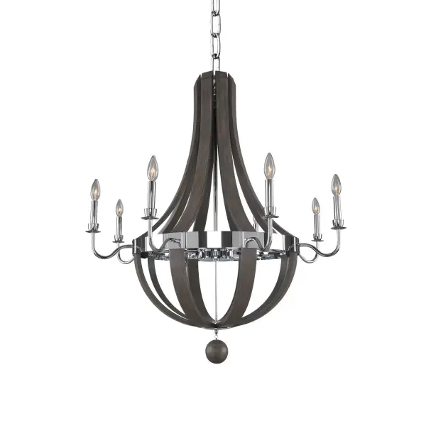 Create an enchanting atmosphere in your living space with the classic beauty of the Sharlow. Clean lines, a trim of polished chrome and a graceful wave of ash wood make this fixture stand out among its contemporaries. The polished chrome set against the subtle ash wood gives it a fresh appearance. The definitive fixture channels the best of both classic and modern styles with its sleek design. Add visual beauty while adding soft light for a relaxed atmosphere in any room. Collection: Sharlow Rooms: Dining Room, Bedroom, Kitchen, Foyer Finish: Chrome Width: 36.00" Height: 42.00" Weight: 18.00 lb Chain: 96" Wire: 120" Canopy: 5"x1" Number of Bulbs: 8 Maximum Wattage: 60.00 W Bulb Base: E12 Candelabra Dimmable Voltage: 120.00 V Material: Plated Steel , Ash Wood Country of Origin: China Safety Listing: cETL Safety Rating: Dry