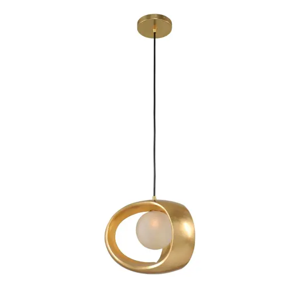 This retro modern style pendant family features a frosted glass globe, a gold leaf finish and cloth cord hung suspension for easy height adjustment. Available as a single or 3 light pendant configuration. Collection: Calistoga Rooms: Closet, Kitchen, Bathroom, Office Finish: Gold Leaf Width: 12.00" Height: 9.00" Weight: 9.00 lb Wire: 96" Canopy: 5"x0.75" Bulbs Included Number of Bulbs: 1 Maximum Wattage: 3.00 W Bulb Type: G9 Bulb Base: G9 Light Source: LED Light Output: 300.00 lm Color Temperature: 3000 K Dimmable Voltage: 120.00 V Material: Steel Country of Origin: China Safety Listing: cETL Safety Rating: Dry LED