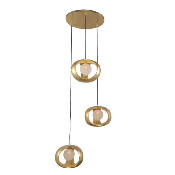 This retro modern style pendant family features a frosted glass globe, a gold leaf finish and cloth cord hung suspension for easy height adjustment. Available as a single or 3 light pendant configuration. Collection: Calistoga Rooms: Kitchen, Dining, Great Room, Foyer Finish: Gold Leaf Width: 25.00" Height: 9.00" Weight: 31.00 lb Wire: 96" Canopy: 17.75"x0.75" Bulbs Included Number of Bulbs: 3 Maximum Wattage: 3.00 W Bulb Base: G9 Light Source: LED Light Output: 300.00 lm Color Temperature: 3000 K Dimmable Voltage: 120.00 V Material: Steel Country of Origin: China Safety Listing: cETL Safety Rating: Dry LED