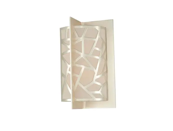 Laser cut steel frame features a geometric patterned gallery. a silk shade with top metal and bottom acrylic diffusers. Features a soft rose silver finish. Collection: Miramar Rooms: Living Room, Bedroom, Family Room, Dining Room Finish: Rose Silver Width: 8.00" Height: 14.00" Weight: 6.00 lb Extension from Wall: 4.00" Wire: 6" Mounting Height: 5.75" Canopy: 5"x11.25"x0.75" Number of Bulbs: 2 Maximum Wattage: 40.00 W Bulb Type: Candelabra Bulb Base: E12 Candelabra Dimmable Voltage: 120.00 V Material: Laser Cut Steel , Silk Country of Origin: China Safety Listing: cETL Safety Rating: Dry ADA