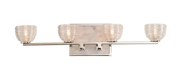The white marble backplate with polished nickel hardware is accentuated with a clear spun glass shade to create the elegant Bianco bath collection. The G9 LED lamping is included. Collection: Bianco Rooms: Bathroom, Vanity, Spa, Powder Room Finish: Polished Nickel Width: 25.00" Height: 6.00" Weight: 8.00 lb Extension from Wall: 5.00" Wire: 6" Mounting Height: 3.00" Canopy: 7"x1"x5.5" Bulbs Included Number of Bulbs: 4 Maximum Wattage: 3.00 W Bulb Type: G9 Bulb Base: G9 Light Source: LED Light Output: 1200.00 lm Color Temperature: 3000 K Dimmable Voltage: 120.00 V Material: Heavy Gauge Steel , Marble , Glass Country of Origin: China Safety Listing: cETL Safety Rating: Dry LED