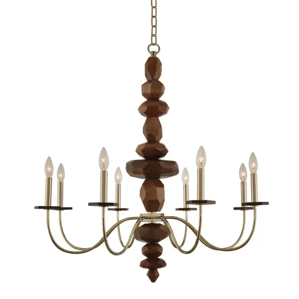 The Lassen collection boast organic shapes that make this truly stunning series. Featured in a champagne gold finish with natural cut wood column and bobeches. Collection: Lassen Rooms: Dining Room, Bedroom, Kitchen, Foyer Finish: Champagne Gold Width: 34.00" Height: 36.00" Weight: 31.00 lb Chain: 96" Wire: 144" Canopy: 5"x0.75" Number of Bulbs: 8 Maximum Wattage: 60.00 W Bulb Base: E12 Candelabra Dimmable Voltage: 120.00 V Material: Steel , Wood Country of Origin: China Safety Listing: cETL Safety Rating: Dry