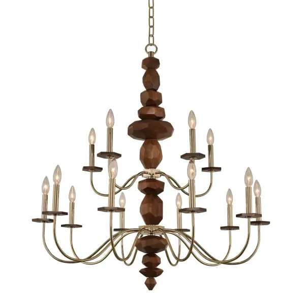The Lassen collection boast organic shapes that make this truly stunning series. Featured in a champagne gold finish with natural cut wood column and bobeches. Collection: Lassen Rooms: Dining Room, Bedroom, Kitchen, Foyer Finish: Champagne Gold Width: 38.00" Height: 40.00" Weight: 36.00 lb Chain: 96" Wire: 144" Canopy: 5"x0.75" Number of Bulbs: 15 Maximum Wattage: 60.00 W Bulb Base: E12 Candelabra Dimmable Voltage: 120.00 V Material: Steel , Wood Country of Origin: China Safety Listing: cETL Safety Rating: Dry