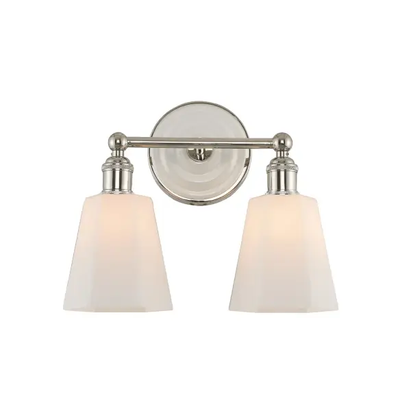 Collection: Greenwich Rooms: Bathroom, Vanity, Spa, Powder Room Finish: Polished Nickel Width: 13.00" Height: 10.00" Weight: 4.00 lb Extension from Wall: 6.00" Wire: 6" Mounting Height: 3.00" Canopy: 5"x1" Number of Bulbs: 2 Maximum Wattage: 40.00 W Bulb Type: E26 Bulb Base: E26 Medium Dimmable Voltage: 120.00 V Material: Steel | Porcelain Country of Origin: China Safety Listing: cETL Safety Rating: Damp