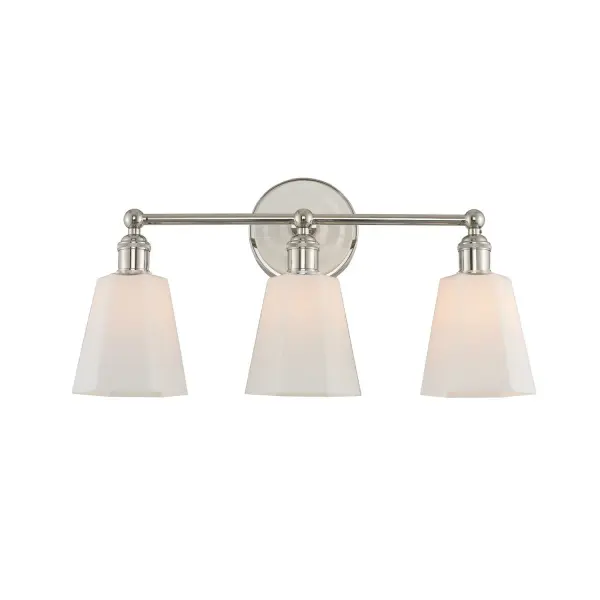 Collection: Greenwich Rooms: Bathroom, Vanity, Spa, Powder Room Finish: Polished Nickel Width: 20.00" Height: 10.00" Weight: 5.00 lb Extension from Wall: 6.00" Wire: 6" Mounting Height: 3.00" Canopy: 5"x1" Number of Bulbs: 3 Maximum Wattage: 40.00 W Bulb Type: E26 Bulb Base: E26 Medium Dimmable Voltage: 120.00 V Material: Steel | Porcelain Country of Origin: China Safety Listing: cETL Safety Rating: Damp