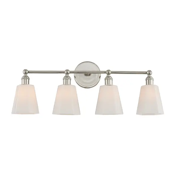 Collection: Greenwich Rooms: Bathroom, Vanity, Spa, Powder Room Finish: Polished Nickel Width: 28.00" Height: 10.00" Weight: 7.00 lb Extension from Wall: 6.00" Wire: 6" Mounting Height: 3.00" Canopy: 5"x1" Number of Bulbs: 4 Maximum Wattage: 40.00 W Bulb Type: E26 Bulb Base: E26 Medium Dimmable Voltage: 120.00 V Material: Steel | Porcelain Country of Origin: China Safety Listing: cETL Safety Rating: Damp